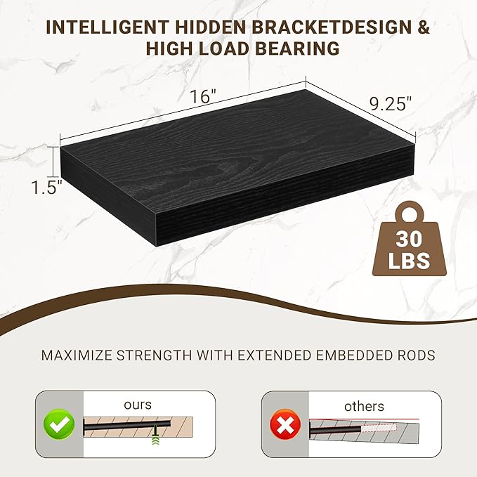 16 Inch Floating Shelves, 16"x9.25"x1.5" Inch Deep Floating Shelves for Wall, Wooden Shelves for Bathroom, Bedroom, Living Room, Black