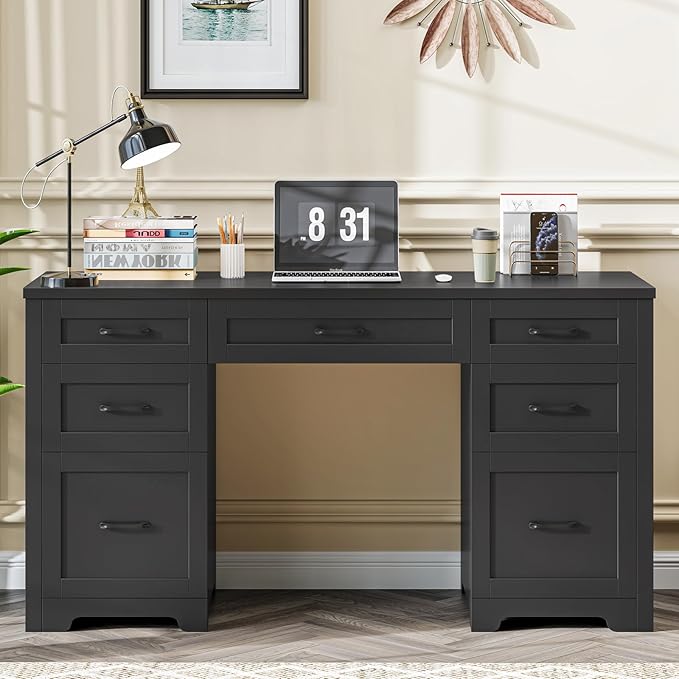 Vabches Farmhouse 61'' Executive Desk with 7 Drawers, Rustic Office Desk Computer Table with File Drawers, Wood Workstation for Home Office and Study,Pure Black