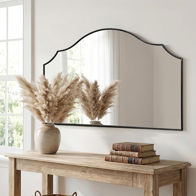 Besdomus Large Scalloped Black Mirror: 47"x31" Modern Minimalist Wood Frame Wall Mirror - Decorative Arched Fireplace for Bedroom/Bathroom/Dresser/Entryway/Mantle/Living Room - Stylish Home Decor
