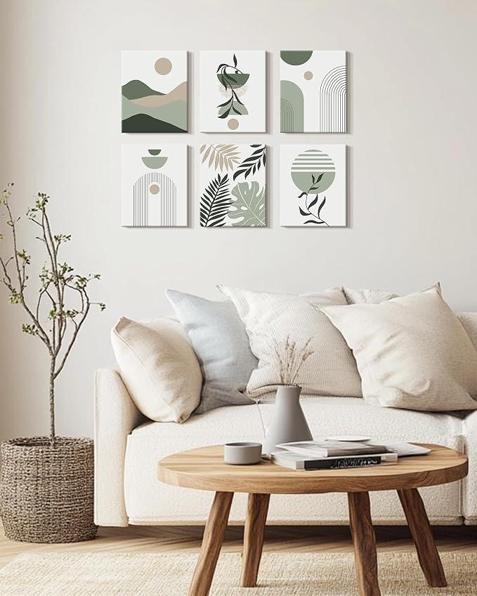 Drsoum Boho Framed Wall Art Minimalist Geometric Abstract Boho Room Decor Green Sage Botanical Mid Century Modern Bohemian Prints Living Room Bedroom Ready to Hang 8x10inx6pcs (Framed)