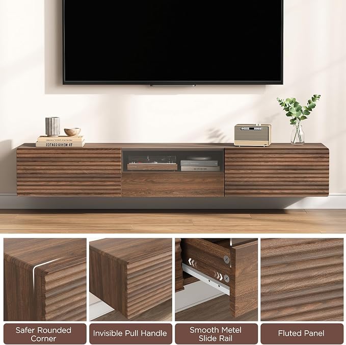 Maupvit 63" Floating TV Stand for TVs up to 75", Fluted Entertainment Center with Remote Control for LED Lights, Wall Mounted Shelf, Mid-Century Modern TV Console w/Glass Door for Living Room (Walnut)