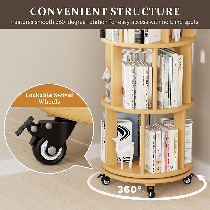 Rotating Bookshelf Tower with Wheels, 6 Tier Solid Wood Round Spinning Bookshelf Tower, 360° Revolving Bookcase Rolling for Kids Adult, Rotation Book Shelf for Bedroom, Living, Office, Corner, Natural