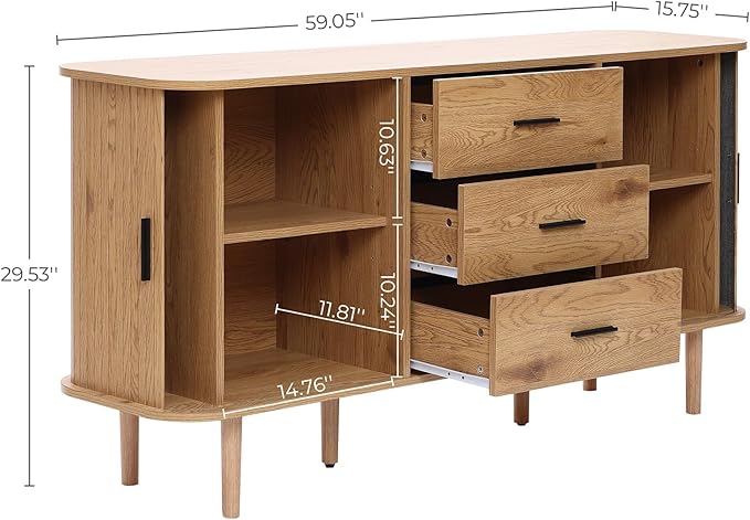 LuxenHome 59” Sideboard Buffet Cabinet with Storage, Mid Century Modern Sliding Door Sideboard Cabinet, Adjustable Shelves Wood Console Table with Storage Cabinets for Living Room, Kitchen