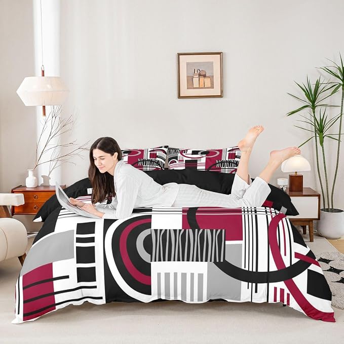 Erosebridal Art Deco Mid Century Duvet Cover Set Retro Modern Abstract Geometric King Bedding Set for Adult Men Black and White Burgundy Circles Stripes Comforter Cover Contemporary Bed Sets