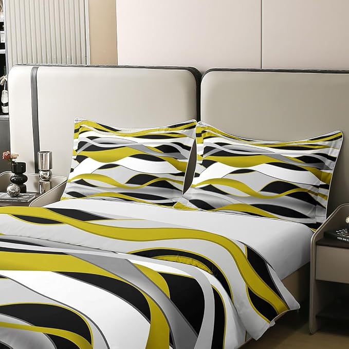 Erosebridal Yellow Gray Black Bedding Set King Geometric Stripes Print 100% Cotton Duvet Cover Abstract Lines Art Comforter Cover for Kids Teens Adults Wave Stripe Pattern Bed Set 3 Pcs