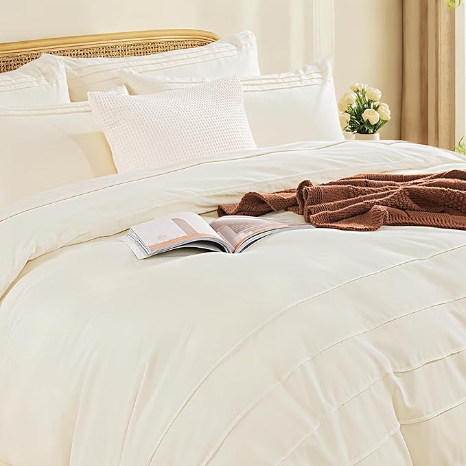 NEXHOME PRO 100% Organic Cotton Duvet Cover Queen, Linen Like Pleated Textured Ivory Duvet Cover Set, 3pc Bedding Set with Zipper Closure, Soft, Lightweight and Breathable,90"x90", No Comforter