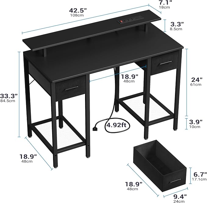 Furnify Black Computer Desk with Drawers, 42 Inch Home Office Desk Study Writing Table, Gaming Desk with USB Power Outlets, Office Desk with Fabric Drawer, Work Table with Shelf for Bedroom, Black