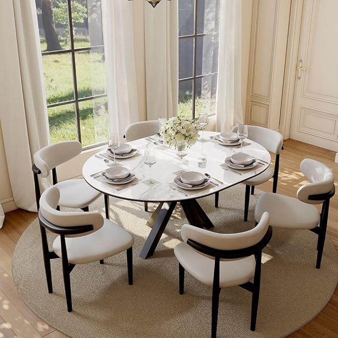 POVISON Modern Extendable Dining Table, 47" to 63" Round to Oval Sintered Stone Kitchen Table with Carbon Steel Pedestal Base for 4-6, White with Black(Table Only