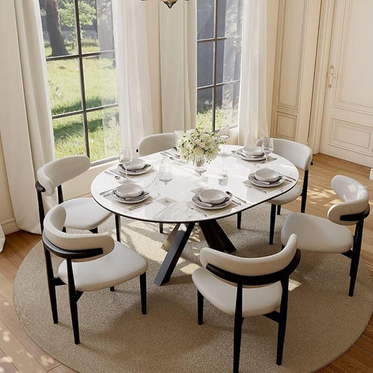 POVISON Modern Extendable Dining Table, 47" to 63" Round to Oval Sintered Stone Kitchen Table with Carbon Steel Pedestal Base for 4-6, White with Black(Table Only