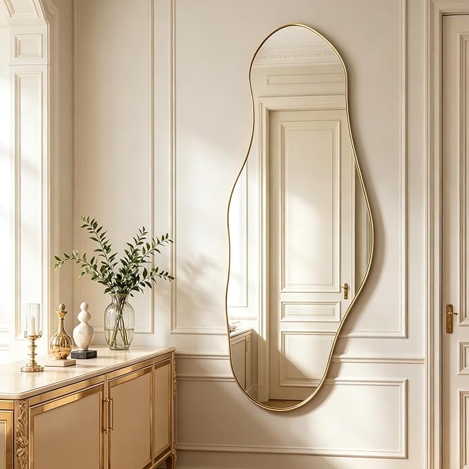 Large Irregular Wall Mirror, 55"x22" Asymmetrical Decorative Accent Mirror with Gold Metal Frame, Organic Shape Mirrors for Entryway Bedroom Living Room, Horizontal or Vertical Hanging
