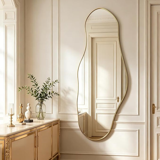 Large Irregular Wall Mirror, 55"x22" Asymmetrical Decorative Accent Mirror with Gold Metal Frame, Organic Shape Mirrors for Entryway Bedroom Living Room, Horizontal or Vertical Hanging