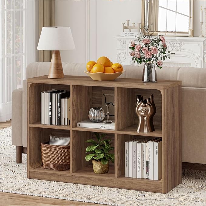 FATORRI 6 Cube Storage Bookcase, Rustic Wood Horizontal Bookshelf with Rounded Corners, Low Cube Organizer Shelf for Living Room, Bedroom, Office (Walnut, 43 Inch)