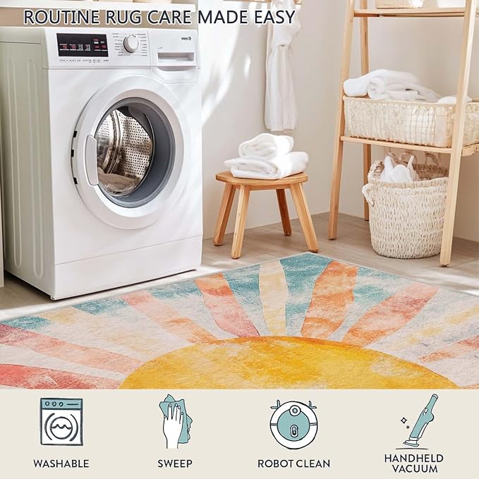 9x12 Boho Sun Area Rug Retro Orange Yellow Blue Beige Bedroom Rug Low Pile Thin Large Carpet Living Room Non Slip Dining Room Stain Resistant Office Washable Machine Classroom