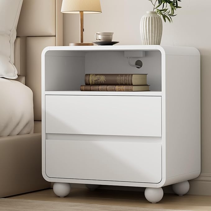 Lulive Wood Night Stand with Drawers, Modern Bedside End Table with Charging Station, Curved Profile Design Storage Nightstand for Bedroom, White