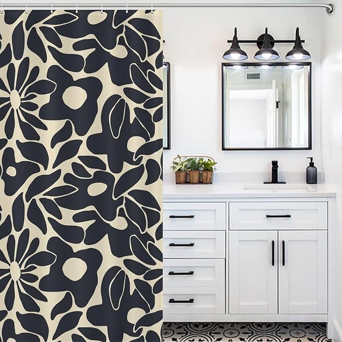 Mid Century Abstract Flower Shower Curtain Vintage Boho Black Floral Art 70s Pattern Washable Waterproof Fabric for Bathroom Decor Bathtub with 12 Hooks 66x72in（168x183cm）