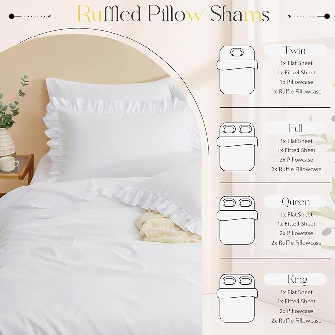 Horbaunal White Ruffle Sheets Queen Size 6 Piece, Fits 16" Deep Mattress, Microfiber White Queen Sheets with 2 Ruffled Pillowcases, Shabby Chic Bed Sheet Set