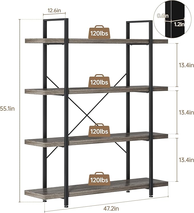Heavy Duty 4-Tier Industrial Bookcase, 47" Wide Wood Bookshelf for Home Office, 120lbs Shelf Capacity, Rustic Shelving Display with Reinforced Horizontal Shelf for Living Room Bedroom,Grey