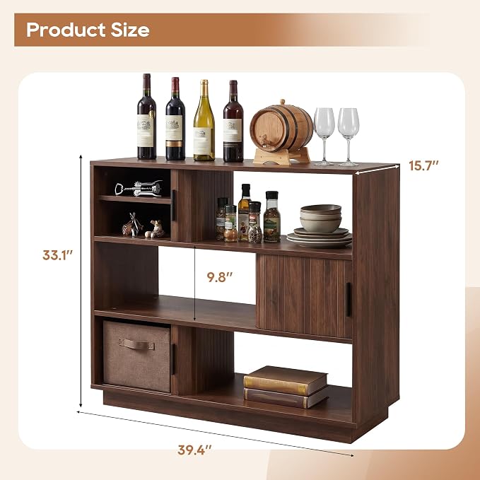44" Fluted Sideboard Buffet Cabinet with Sliding Doors & Adjustable Shelves, 3-Tier Mid-Century Modern Storage Credenza for Living Room Kitchen Entryway, Wood Coffee Bar Console Table