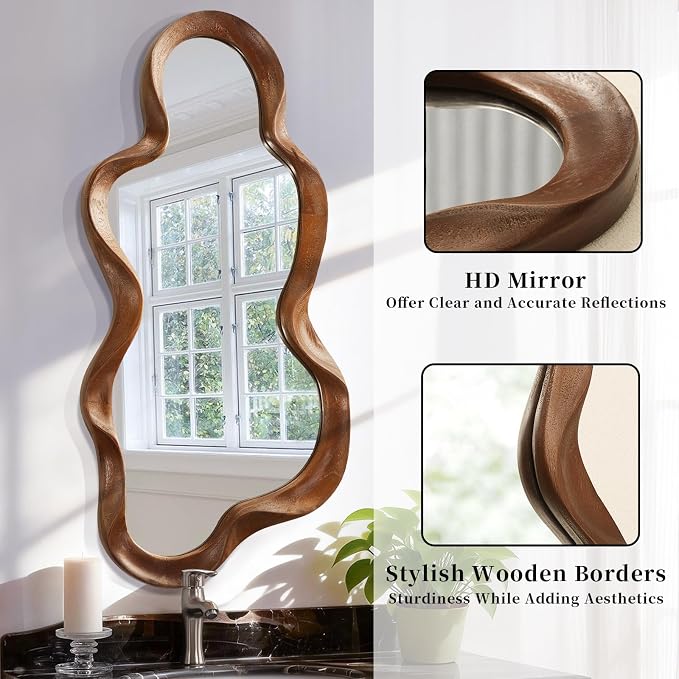Large Asymmetrical Mirror Irregular Wood Frame Modern Unique Wall Mounted Artistic Wavy Mirrors Decor Bathroom Vanity Bedroom Living Room Entryway Hallway 47"x22"