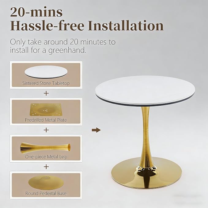31.5" Marble Round Dining Table, Modern White and Gold Tulip Kitchen Table with Marble Tabletop & Sturdy Pedestal Base, Tulip Shape Table for Small Places, Living Room, Office, Cafe