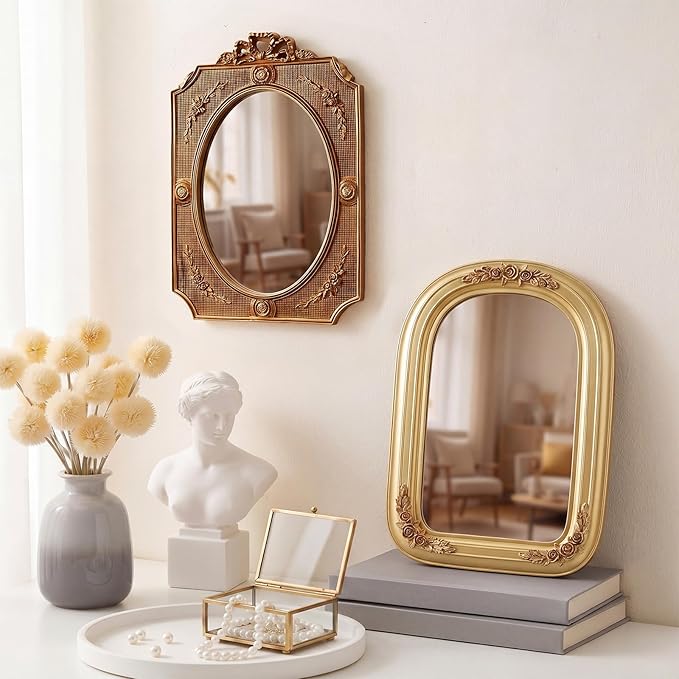 Wonderjune 5 Pcs Vintage Gold Mirror Set for Wall Decorative Resin Frame Ornate Antique Hanging and Tabletop Mirror for Home Dresser Gallery Decor Photography Props Gift (Baroque Style)