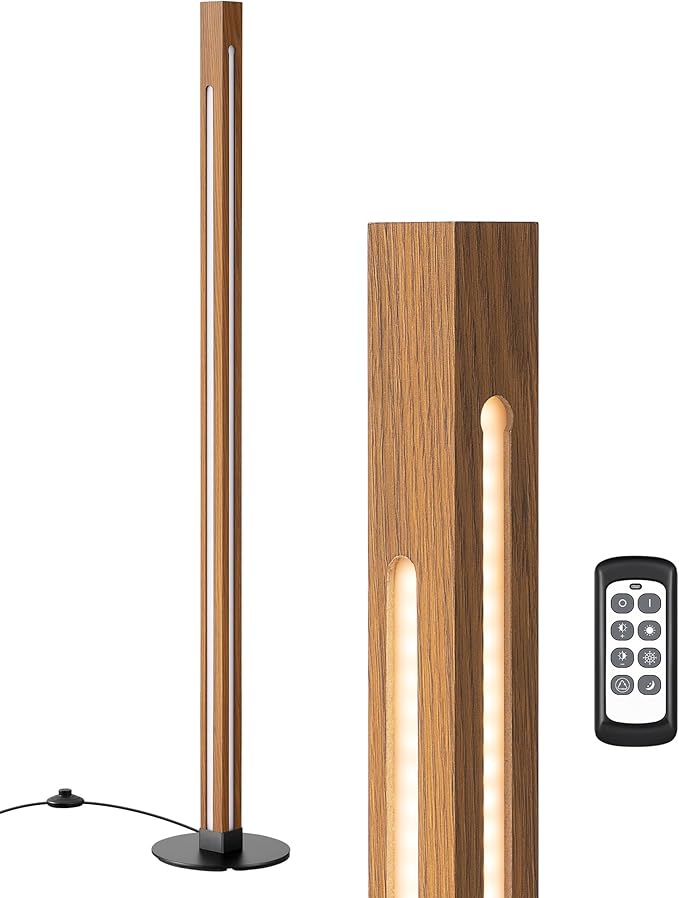 EDISHINE Wooden Floor Lamp, Upgraded Dual-Sided Lighting, Minimalist Floor Lamps for Living Room, Corner Lamp with Remote/Foot Control, 7CCT & Dimmable Floor Lamp for Bedroom, Office, Walnut Wood