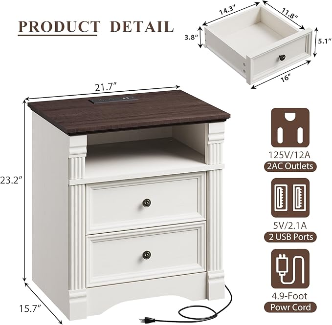 White Nightstand with Charging Station, Farmhouse Bedside Table & End Table with 2 Drawers and Chic Wood Pilasters Design, Side Table Storage Cabinet with Metal Handles for Bedroom, Living Room