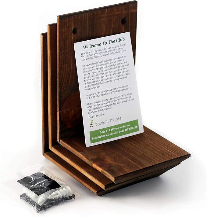 Daniel's Plants Indoor Plant Wall Gallery Shelf Kit | Midcentury Modern Wooden Shelves | Wall Mounted L Shaped Floating Plant Shelves | Solid Wood | 3 Pack (Beveled Edge - Woodland Brown)