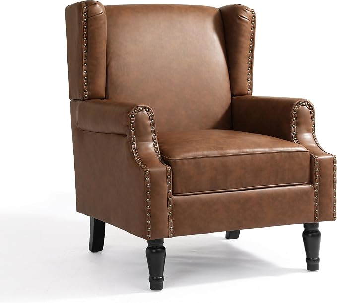 High Back Accent Chairs Set of 2, Faux Leather Upholstered Armchair Wingback Chair for Living Room, Comfy Single Sofa Solid Wood Legs Bedroom Reading Seat (Brown)