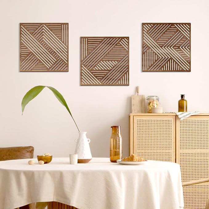 Bnesi 3 Piece Abstract Geometric Wood Wall Art Decor Modern Boho Minimalist Slatted Design Wall Sculpture Art Decor for Living Room Bedroom Home Bathroom (Exquisite, Medium)