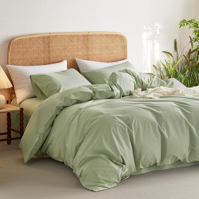 Wake In Cloud - Cotton Duvet Cover Set, 100% Washed Cotton, Linen Like Textured, Breathable Durable Comfy Farmhouse Neutral Bedding Set, 3 Pieces, Sage Green, King Size