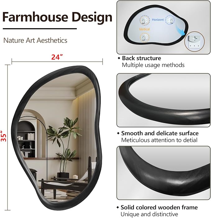 35"x24" Wood Bathroom Mirror Wall Mounted, Black Irregular Wall Mirror, Rustic Farmhouse Vanity Mirror for Bedroom Living Room Bathroom Entryway, Horizontal/Vertical