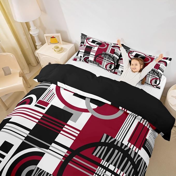 Erosebridal Art Deco Mid Century Duvet Cover Set Retro Modern Abstract Geometric Queen Bedding Set for Toddler Boys Black and White Burgundy Circles Stripes Comforter Cover Contemporary Bed Sets