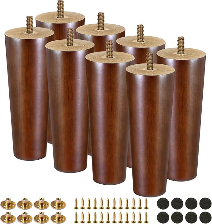 FoDau770 Brown Rubber Wood Furniture Legs 6 Inches, Straight Tapered Wood Feet Mid Century Sofa Legs Set of 8, 5/16" UNC Furniture Feet for Cabinet Couch Dresser Chair Ottoman Table