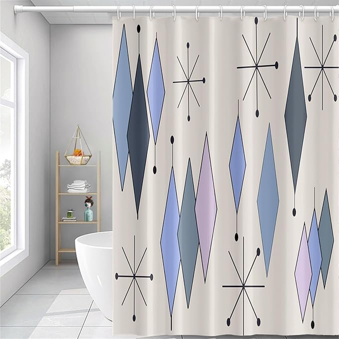 Mid Century Turquoise Shower Curtain Abstract Grey Blue Diamond Geometric Atomic Starburst Pattern Beige Backdrop for 1950s Retro Bathroom Decor Shower Curtain Set with 12 Hooks, 65x72 Inches