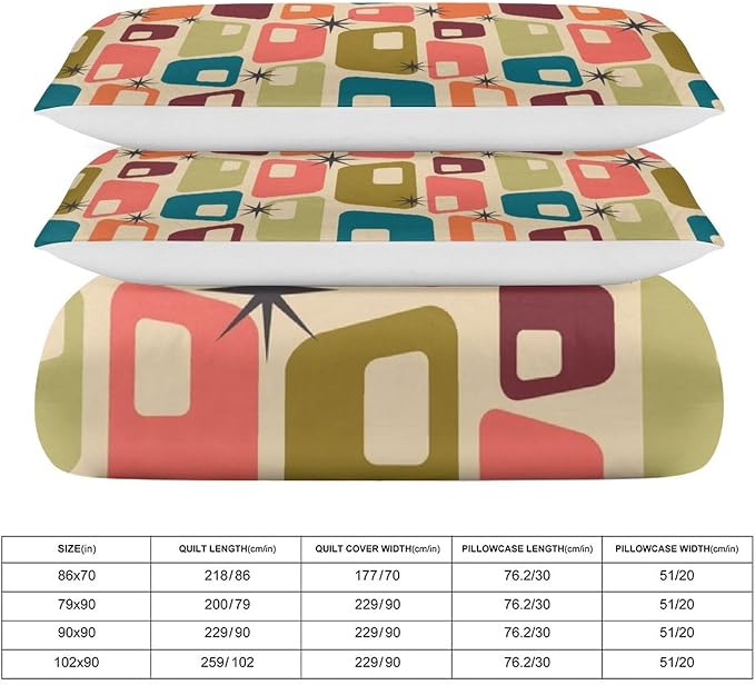 Modern Mid Century Duvet Cover Queen Retro Atomic Bedding Set, Rainbow Grid Comforter Cover Vintage Fifties 1950s Bed Set，Abstract Art Bedding 3 Piece (1 Duvet Cover 90"x90" + 2 Pillow Sham 20"x30")