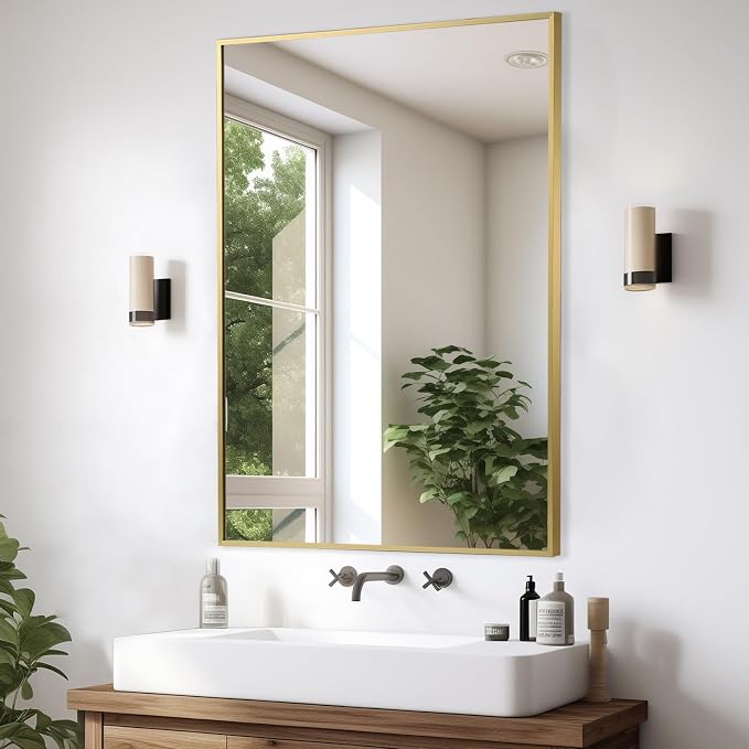 Gold Bathroom Mirror, 22"x30" Rectangle Mirror, Brushed Gold Mirror, Metal Frame Square Corner Vanity Mirror, Wall Mounted Mirror for Modern, Living Room, Bedroom, Horizontal Or Vertical