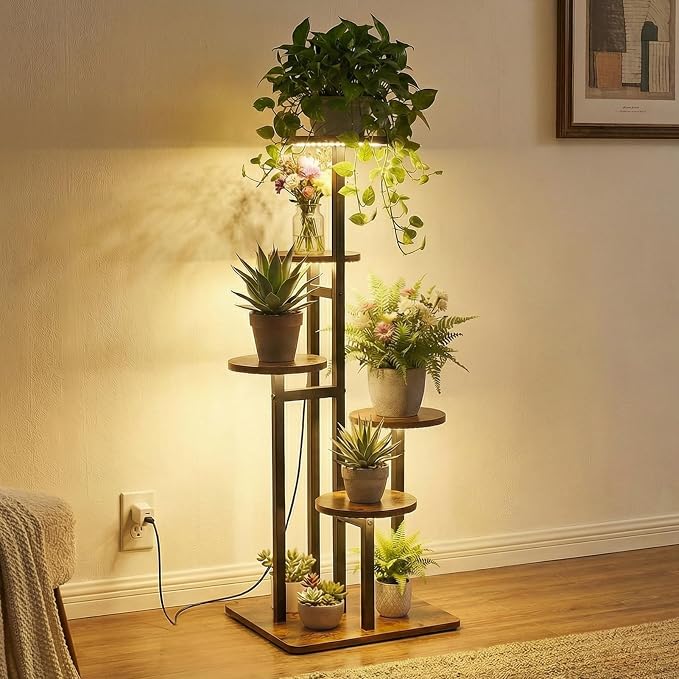 5 Tier Plant Stand Indoor with Grow Light for Multiple Plants | Corner Flower Stand, Vintage Multi-Layer Design, Sturdy Plant Shelf, Space-Saving, Ideal for Living Room Indoor Plant Display