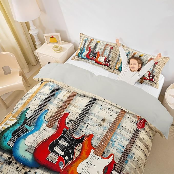 Erosebridal Chic Guitar Comforter Cover King Retro Musical Staves Pattern Bedding Set Rock Music Lovers Room Decor Duvet Cover,Rustic Musical Notes Bed Set
