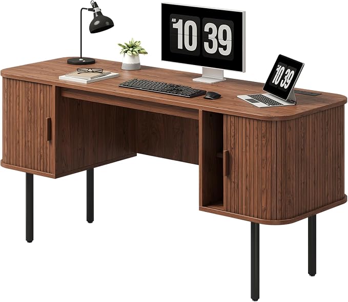 ONBRILL 63 Inch Fluted Computer Desk with Charging Station, Mid Century Executive Desk with 2 Storage Cabinets, Modern Home Office Large Desk with Metal Legs for Working, Studying, Writing, Walnut