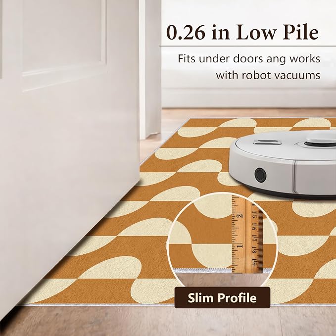 Caramel Dot Wave Area Rug 2 x 3 ft, Mid-Century Modern Geometric Rug, Brown Cream Abstract Washable Rug, Soft Low Pile Non-Slip Carpet for Living Room Bedroom Dining Room