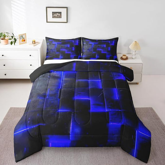 Black Navy Blue Abstract Comforter King Gradient Square King Bedding Set Grid Down Comforter Neon Checkered Bed Set Glowing Plaid Quilted Duvet 3D Modern Bedroom Decor 3pcs (Black Reversible)