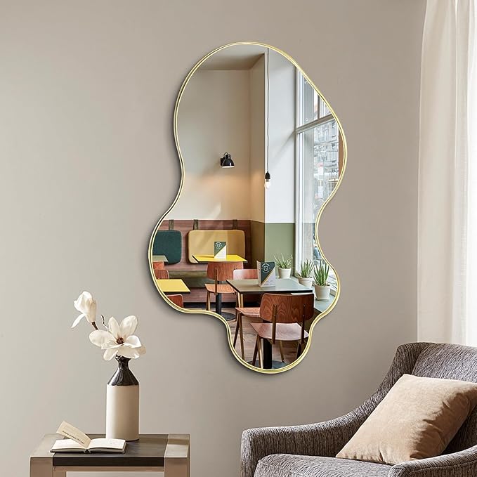 Irregular Mirror, 30"x18" Asymmetrical Mirror, Gold Metal Frame Abstract Wall Mirrors Decorative, Modern Odd Shaped Mirrors for Living Room Bathroom Bedroom Hallway Entryway Fireplace