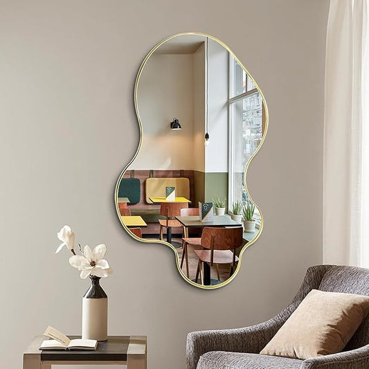 Irregular Mirror, 30"x18" Asymmetrical Mirror, Gold Metal Frame Abstract Wall Mirrors Decorative, Modern Odd Shaped Mirrors for Living Room Bathroom Bedroom Hallway Entryway Fireplace