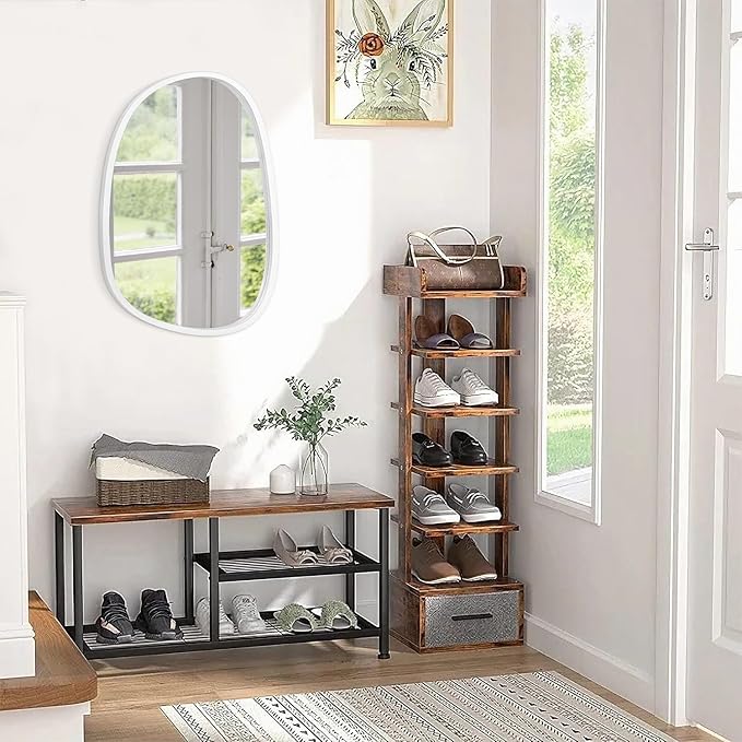 Asymmetrical Mirror Irregular Wall Mirror Oval Wood Frame Wall Mirror for Bathroom Wall Mirrors Decorative for Bedroom Living Room Entryway Hallway Unique Hanging Mirror White