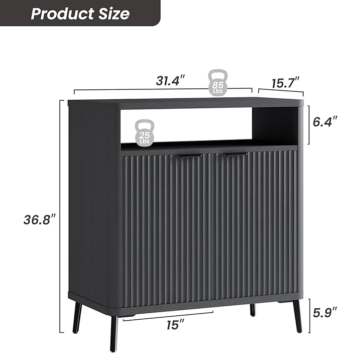 Buffet Sideboard Cabinet with Storage Set of 2, Fluted Coffee Bar with 2 Doors and Adjustable Shelves, 34'' Modern Wood Cabinet for Dinning Room, Kitchen, Living Room,Coffee Bar(Black Grey)