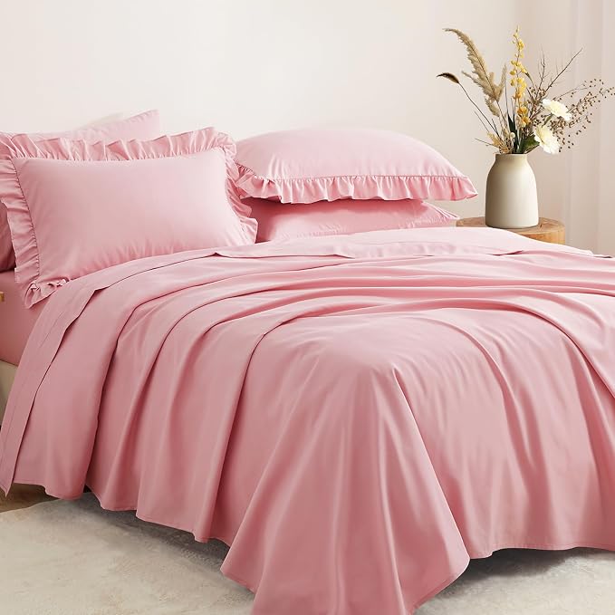 Horbaunal Dusty Pink Ruffle Sheets Queen Size 6 Piece, Fits 16" Deep Mattress, Microfiber Pink Queen Sheets with 2 Ruffled Pillowcases, Shabby Chic Bed Sheet Set