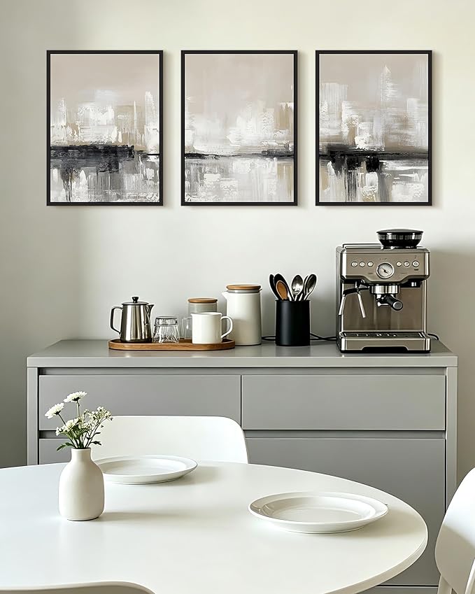 KUVIOKE Abstract Gray Framed Wall Art Neutral Brown Artwork Painting Morden Minimalist Wall Decor Rustic Home Decor 12x16in (Black Framed)
