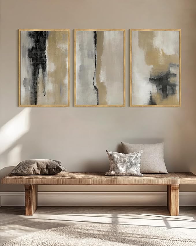 KUVIOKE Black Gray Abstract Framed Wall Art Neutral Wall Decor Minimalist Modern Illustrations Art Print for Living Room Bedroom 24x36in (Natural Framed)