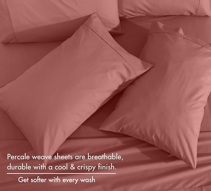 RUVANTI 100% Cotton Percale Sheets Twin XL Size 4 Piece Set, Cooling Bed Sheets for Hot Sleepers, Deep Pocket 16”, Breathable Lightweight & Durable, Crisp Hotel Style Sheets, Terracotta